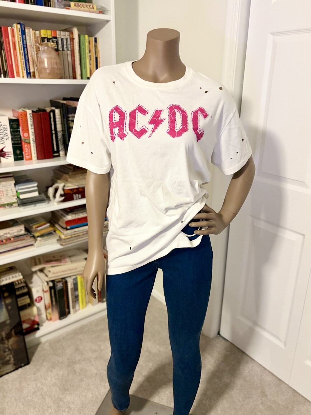AC/DC T Shirt Womens Medium White Pink Rhinestone Oversized Band Tee 2024